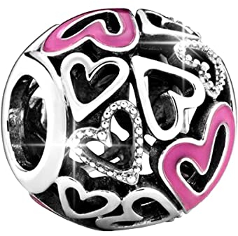 BIZK Damen Pink Herz Charm Anhänger für Armband 925 Sterling Silber Charm Bead Pendant für Europäische Armbänder und Halsketten (Pink Herz)