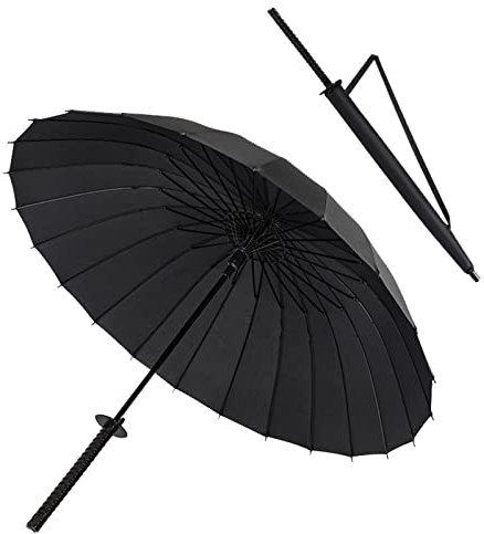 NYDCTHOM Japanwelt Samurai Regenschirme,wasser und winddicht,schwarz lackierter Stahl + Fiberglas-Regenschirm,Skelett, langer Harzgriff,24 Knochen,Großer schwarzer Stockschirme 115CM