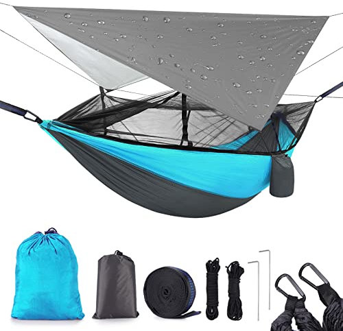 Mingfuxin Hamaca de camping con mosquitera, hamaca portátil de 200 kg de capacidad de carga con lona impermeable de lluvia para camping para viajes al aire libre senderismo (azul cielo)