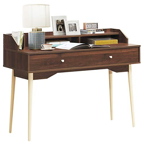 COSTWAY Schreibtisch Computertisch mit Schublade, 110 cm Bürotisch aus Massivholz, PC-Arbeitsplatz Konsolentisch für Arbeitszimmer & Büro & Wohnzimmer (Braun)