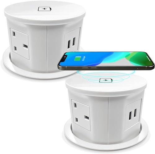 VORSPRUNG® Automatic POP UP Sockets Kitchen Worktops Offices, Wireless hidden retractable pop-up 3 pin plugs,2x USB + Qi charging, ipads phones +surge protection charge (White (Pack of 2))