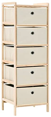 Makastle Holz Standregal mit 5 Stoff Schubladen - 32 x 26 x 93 cm - Badregal Holzregal Ablage Regal Badregal Regal Wäschekorb Wäschesammler Sortierer Wäschekörbe - 5 Fächer für Wäsche, Beige