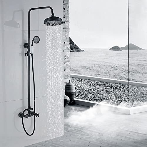 LENJKYYO Dusch Armatur Badezimmer Duschsystem Edelstahl Duschset Regendusche Brause Antik Retro mit Thermostat Dusche Verstellbare Duschstange Überkopfbrause Strahlarten Handbrause