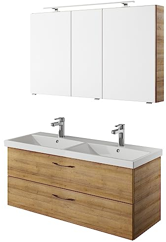 Lomadox Badmöbel Set mit Doppelwaschtisch und Spiegelschrank in Riviera Eiche Nb., B/H/T ca. 120/200/45 cm
