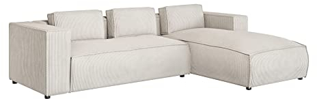 S-Style Möbel Nante Fünfsitziges Ecksofa Trendiges Modernes Ecksofa Nante Kord Stoff 262cm x 176cm x 64cm Gemütlich Lose Rückenlehnenkissen Schwarze Kunststoffbeine Eckseite Rechts Farbe Beige