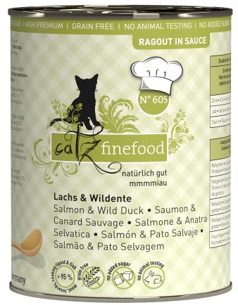 catz finefood Ragout N° 605 Lachs & Ente Katzenfutter nass - Feinkost Nassfutter für Katzen in Sauce ohne Getreide und Zucker mit hohem Fleischanteil, 6 x 380 g Dose