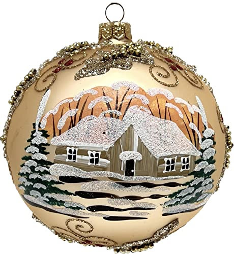 Mundgeblasene Glaskugel Weihnachtsdekoration, 12,7 cm, Mistelzweigblätter