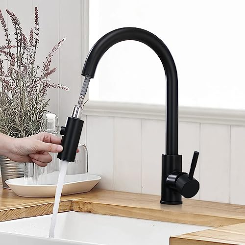 HOMELODY Robinet Cuisine Noir Mitigeur Cuisine avec Douchette Extractible,Robinet Cuisine Douchette Rotatif à 360°,Robinetterie de Cuisine avec 2 mdes,Robinet Évier Cuisine Acier Inoxydable