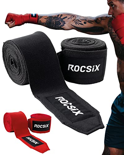 ROCSIX - Premium Box Bandagen Männer, Damen, Herren, Elastische Boxbandagen 4m, Kickboxen, Muay Thai, MMA - Bandagen Boxen mit Daumenschlaufe Boxing Wraps, Hand Wraps Boxing Rot/Schwarz