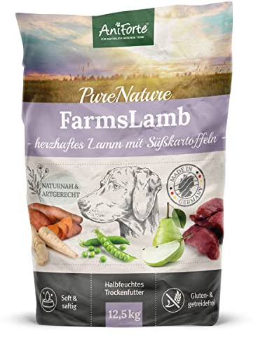 AniForte Lamm Trockenfutter für Hunde 12,5kg – Herzhaftes Lamm mit Süßkartoffeln & Vitaminen, Halbfeuchtes Trockenfutter, Hundefutter trocken getreidefrei & glutenfrei für Allergiker