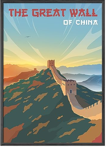 JUNOMI® China Poster DIN A2 | Wohnzimmer Deko, Modernes Wandbild, Große Mauer Poster, Reiseposter, China Wandbild | Mit Rahmen Schwarz