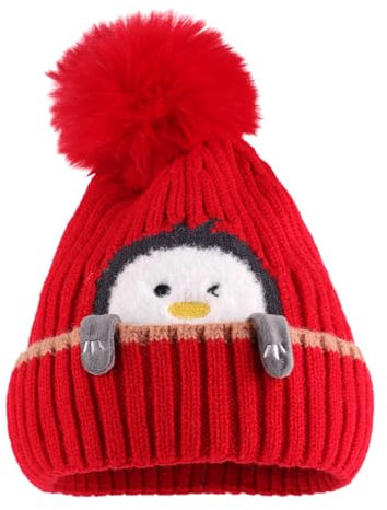 MASOCIO Wintermütze Baby Mütze Junge Mädchen Winter Herbst Warme Kinder Babymütze mit Bommel Kindermützen Strickmütze 2 Fleece Beanie Hat 1-3 Jahr Rot