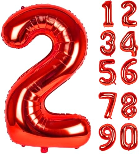 LAPONO Globos de Cumpleaños 2 Año Rojo, Numeros Helio Número Globos Grandes (83cm) Foil Globo Número Decoracion 2 Años Cumpleaños Niño Para Boda Aniversario Fiestas Decoración