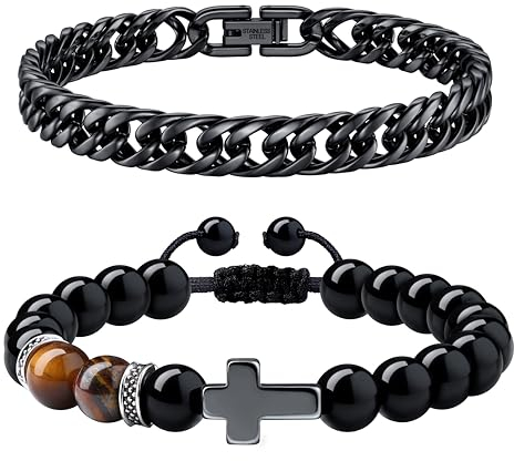 Dochais 2 Stück Edelstahl Armband Herren, Männer Armband 21cm/23cm Länge, Herrenarmbänder 8mm Breite, Kubanische Armband Herren Silber Schwarz, Kreuz Naturstein Armbänder (21cm, Schwarz)