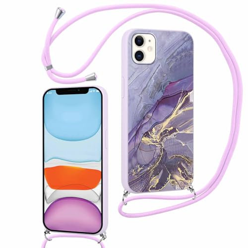 Phoona Coque avec Cordon pour iPhone 12 Mini 5,4 avec Violet Marbre Motif Case, Aesthetic Silicone étui avec Collier Réglable Corde,Antichoc Housse de Protection pour Femmes et Filles