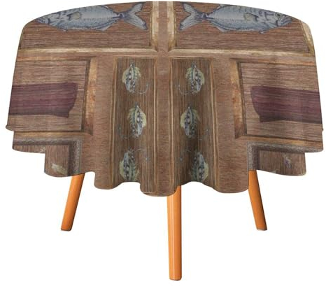 COALHO Mantel redondo rústico con temática de caza india, tablero de madera vintage, barco, peces, patos y libélulas, mantel redondo para comedor, cocina, fiesta de cumpleaños, vacaciones, interior y