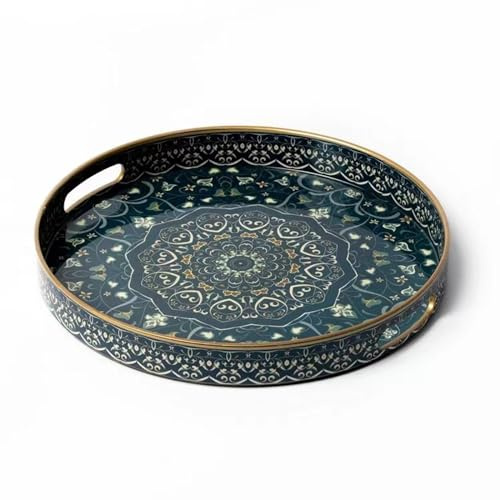Fuukou Rundes Serviertablett mit Griffen | Ottoman-Tablett aus Kunststoff, dekoratives Serviertablett für Couchtisch, Boho-Tablett für Wohnzimmer, Heimdekoration