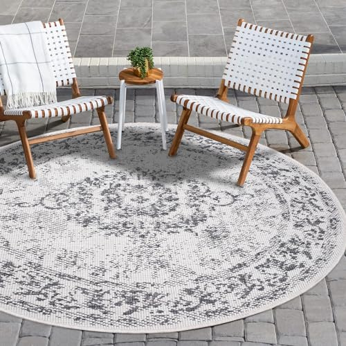 payé In- & Outdoor-Teppich - Grau Creme - 160x160cm Rund - Ornamente - Wendeteppich Wetterbeständig für Balkon Terrasse - Indoor Teppiche Wohnzimmer Küche