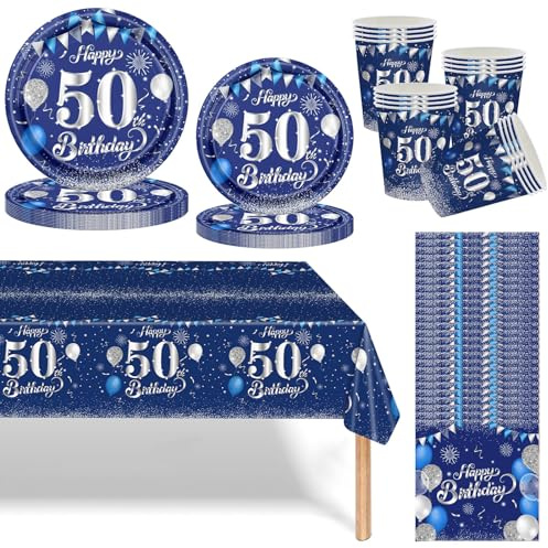 Navy Blue, Silver 50th Birthday Dinnerware Set. navy blue tableware plates, cups, napkins and tablecloth. 69 pc set perfect for 50th birthday or special occasions.