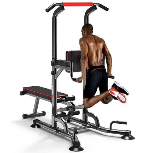 NAKEAH Power Tower mit Sit Up Bank, Multifunktionsverstellbare Höhe Pull Turm Hochleistungs-Dip Station Fitness-Geräte für das Home-Fitnessstudio,Schwarz