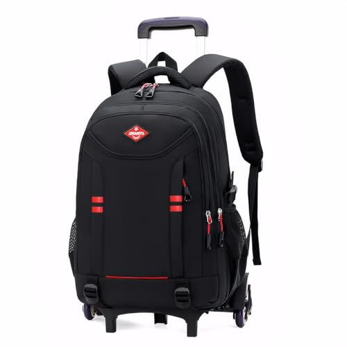 Amythe Schulrucksack Jungen mit Rollen, Abnehmbare Trolley Rucksack Teenager Schulranzen Jungen für Schule/Reise, 6 Rädern, 3-5-7. klasse, Lässig Daypack 16 Zoll, Schwarz-Rot