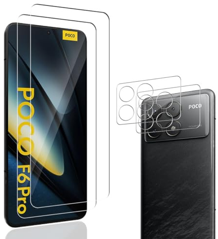 Jewloofa Protector de Pantalla Compatible con Xiaomi Poco F6 Pro Cristal Templado [2 Piezas] y Protector de Lente cámara [2 Piezas], 9H Dureza, Vidrio Templado para Xiaomi Poco F6 Pro