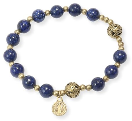 Nazareth Store Bracciale rosario con perline di pietra con distanziatori in metallo e medaglia cattolica - Gioiello da polso resistente ed elegante (Lapislazzuli | San Benedetto)
