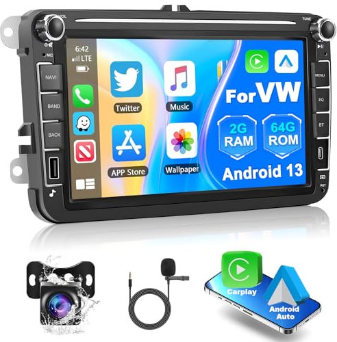 2+64G Wireless GPS Navigation Autoradio für VW, Podofo Android Auto 8“ Touchscreen Display Android Carplay Car Stereo mit WiFi Bluetooth Mirror Link HiFi USB FM RDS Radio +Mic +AHD Rückkamera