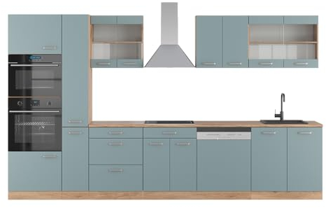 Vicco Küchenzeile R-Line, Blau-Grau/Goldkraft Eiche, 350 cm mit Hochschrank, AP Eiche