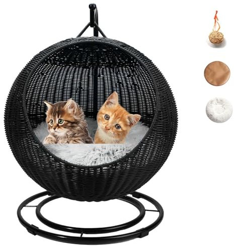 AFIONA Cat Swing Bed with Stand & Cushion, Cat Egg Chair with Rattan Wicker Appearance,Cat Egg Chair Swinging Elevated Cat Bed House Nest with Soft Cushion & Hanging Toy(Black)