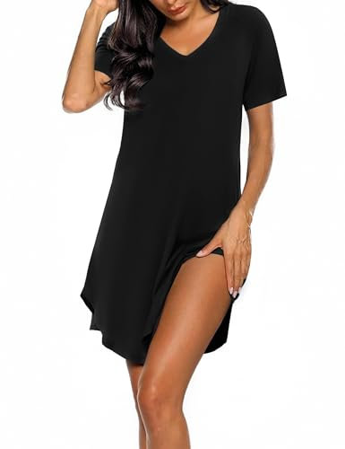 Marvmys Chemise De Nuit Courte Coton Femme Rayée Vêtement De Nuit Femme Robe De Nuit à Manches Courtes Chemise De Nuit à Col en V pour Dames S-3XL