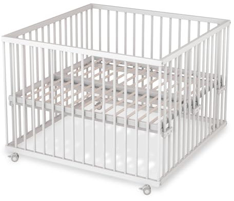 Sämann Laufstall Baby mit Lattenrost und 3 Schlupfsprossen | stufenlos höhenverstellbar | Laufgitter Premium | Babybett aus Holz | Krabbelgitter (weiß, 120x120 cm)