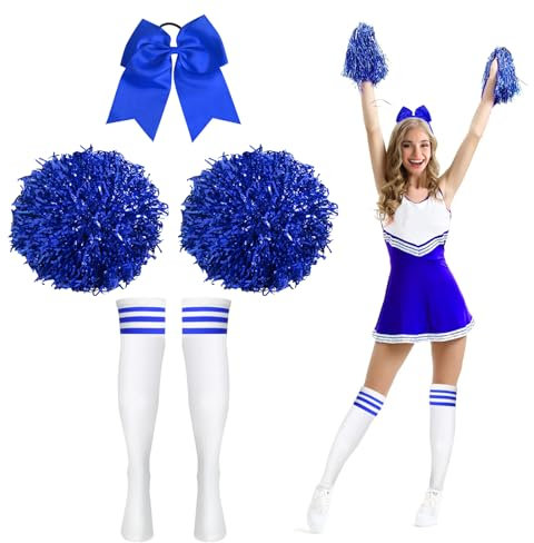 Cheerleader Pompons, 2 Stück Cheerleader Pompons mit Socken und Haargummi, Pompons Cheerleading Cheerleader Pompons mit Griffen Cheer Poms für Cheerleading Leistung Gymnastik (Blau)