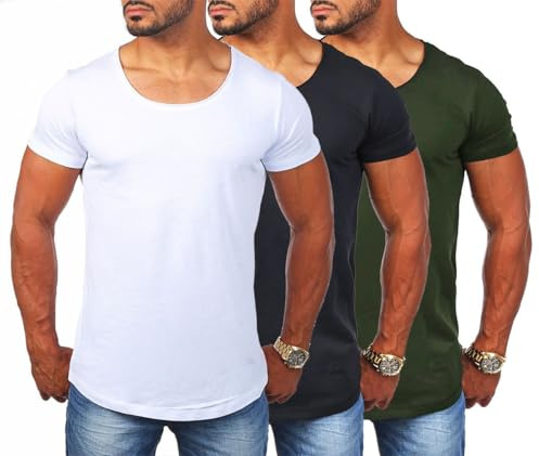 Young & Rich Herren Uni T-Shirt mit tiefem Rundhals Ausschnitt einfarbig körperbetontes Basic Tee Vintage Look 1702