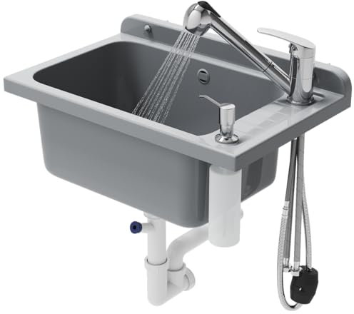 Granitan - Monza Spülbecken-Set Grau - Ausziehbare Mischbatterie Chrom - 1 Kammer - Rechteckig - Polypropylen - Komplettset für Haushalt & Garage