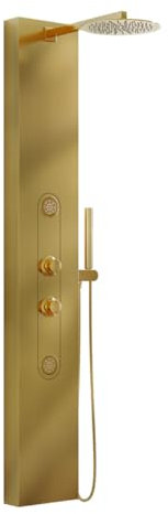AMBRA WATER Colonna pannello doccia in acciaio inox con doccetta, flessibile e getti orizzontali massage modello andromeda, Oro Satinato