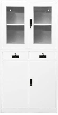 Büroschrank Weiß 90x40x180 cm Stahl und Hartglas Flurschrank Vitrinenschrank Küche Aktenschrank Vorratsschrank für Abstellraum Wohnbereich Schlafzimmer Küche