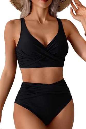 VILOREE Damen Mesh Bikini Set High Waist Zweiteiliger Bademode Wickeloptik V Ausschnitt Bauchkontrolle Schwarz (133) 2XL