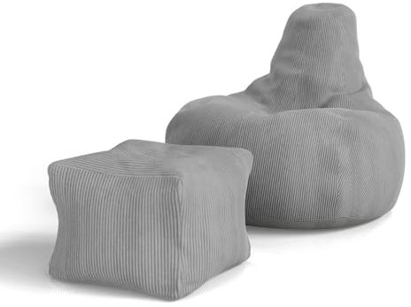Juskys Sitzsack Chillex L mit Hocker - Cord Sessel für Erwachsene - Füllung Memoryschaumstoff - Gaming & Lesesessel bequem - Bean Bag - Hellgrau