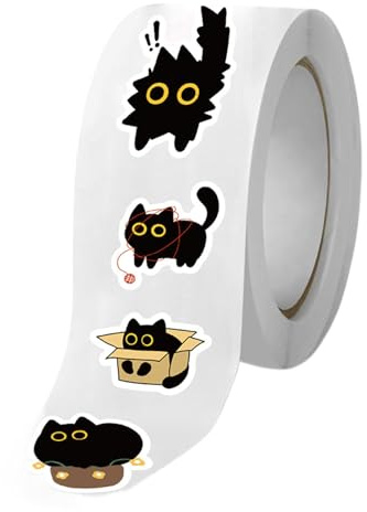 Süße Katzen Aufkleber, Lustige Comic Schwarzes Kätzchen Laptop Aufkleber, Lustige Sticker für Kinder Erwachsene Wasserflasche Kuvertverschluss Laptop Journal Deko, 500 Stück/Rolle