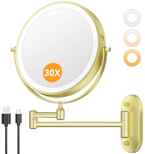 Auxmir 20,3 cm Wand-Make-up-Spiegel mit Licht, 1X/30X 3200mAh wiederaufladbare doppelseitige Vergrößerung, dimmbare 3-farbige Beleuchtung & 360° drehbarer, faltbarer Arm, Gold