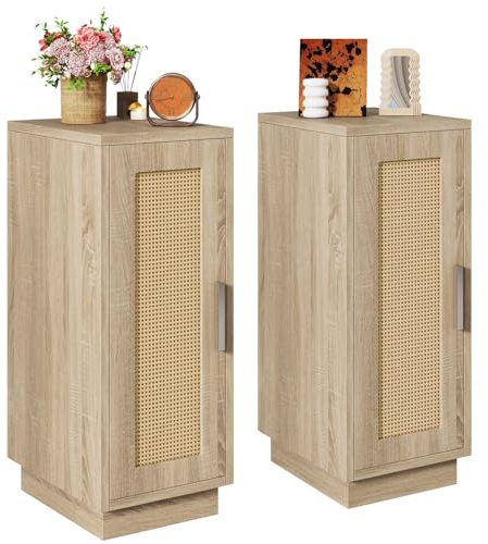 IBUYKE Rattan Nachttisch 2er Set,Schmal Beistelltisch,Natürliche WNS014N-2 | Kleiner Nachtschrank mit Magnetische Türen,Bedside Table,Sofatisch,Couchtisch für Schlafzimmer, Wohnzimmer,Arbeitszimmer