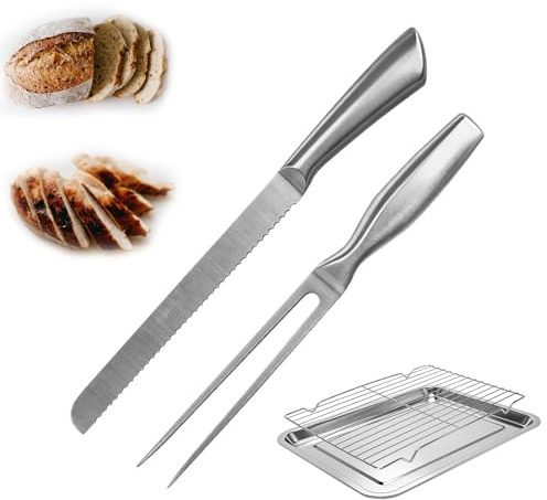 3PCS Meat Carving Tray Set - Includes15.5 Baking Sheet with Cooling Rack, Carving Knife and Meat Fork,Carving Board for Roasting, Carving Turkey, Ham & Brisket, BBQ