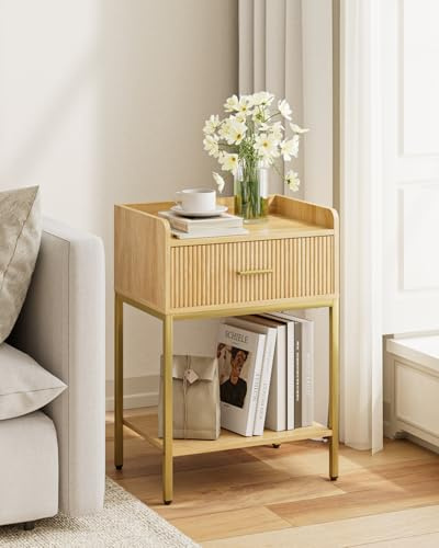 Apetaccat Nachttisch, 3-Tier Nachtschrank, Kleiner Beistelltisch, nachttische mit Schublade und offenem Regal, nachtschränkchen für Schlafzimmer, Wohnzimmer, Eiche