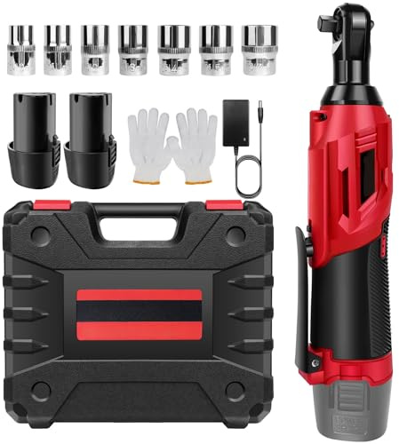 QIAKEFE Clé à Cliquet Électrique Sans Fil 12V - 200 Nm, Vitesse 2300 tr/min - 7 Douilles Incluses 10-17mm - 2 Batteries 1300mAh - Compacte et Puissante pour Mécanique, Bricolage et Montage (Rouge)