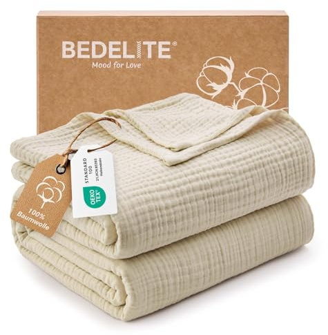 BEDELITE Musselin Decke 230x230cm Erwachsene Tagesdecke Baumwolle, Beige | weiche & atmungsaktive 4-lagige Musselindecke alle Jahreszeiten, leichter Überwurf für Bett, Sofa und Couch als Sommerdecke