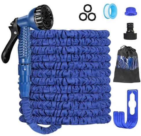 Expandable Garden Hose Pipe 30m/100ft, Heavy Duty Flexible with 7-Function Spray Gun, 3/4 1/2 Fittings, Double Layer Latex Core Hosepipe, Durable & Anti-Leak Kink Free (Blue)