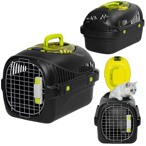Peluvio Safy Katzentransportbox Hartschale mit Metalltür, Doppelsicherung | Belüftung, Sichtklappe Oben, Versenkbarer Tragegriff, Bodenrost Herausnehmbar für Hygieneeinlage, Napf, für Auto, bis 5 kg