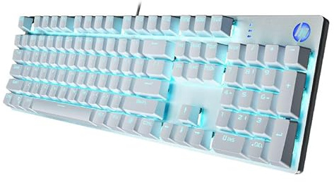 HP GK400F Tastiera meccanica cablata, pannello in metallo ABS, 104 tasti per giochi e uso aziendale, interruttore marrone, compatibile con desktop e laptop, argento