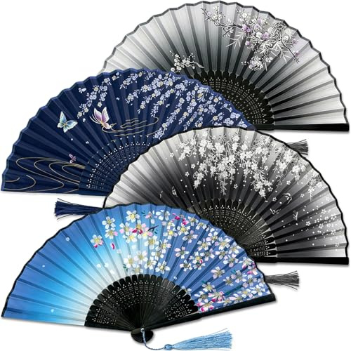 Evance Fabric Hand Fans Folding Quaint, 4 Packs Bamboo Folding Fans Handheld, Vintage Stylish Foldable Chinese Fan, Japanese Fan- for Hot Flash, Music Festival, Church, EDM, Party, Gift